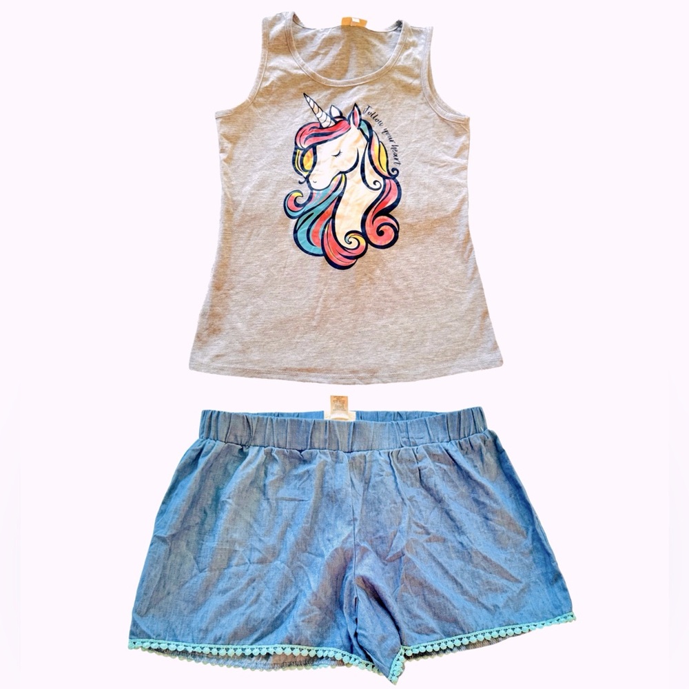 SELF ESTEEM 2 Piece Girls Grey Rainbow Unicorn Tank Top & Blue Denim Shorts Set - Picture 2 of 14